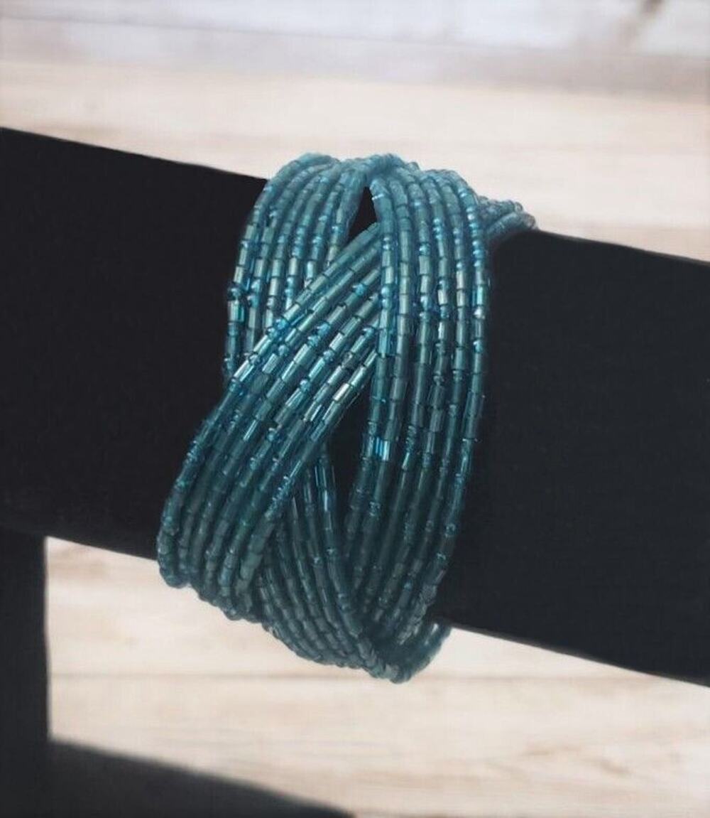 Vintage Bracelet / Bangle - Dark Turquoise Beaded Wrap Bracelet